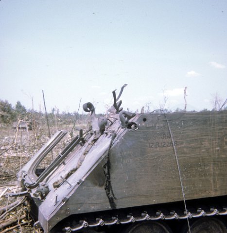 RPG hit, bullet holes on 3rd platoon track during 11-27-68 battle - A Co was called in the afternoon to help the Manchus